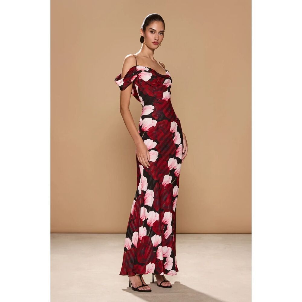 New $385 Sonya Moda Rosalie Off the Shoulder  Dress in Midnight Roses Medium